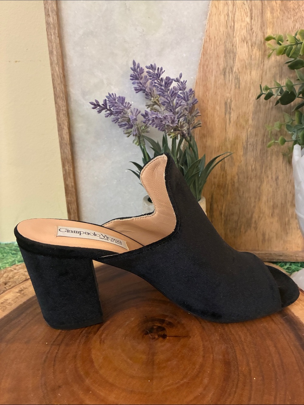 Giampaolo Viozzi, Velvet Black Suede Open-Toe Block Heel Mules - Picture 6 of 12